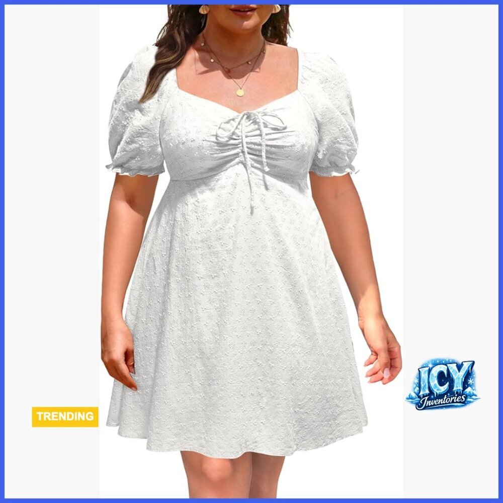 Eyelet Puff Sleeve Mini Dress with Smocked Back and Sweetheart Neckline